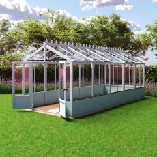 Shire Holkham 8x20 wooden greenhouse in a light blue painted finish