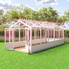 Shire Holkham 8x20 wooden greenhouse in a soft pink painted finish