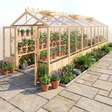 Shire Holkham 8x24 wooden greenhouse in a natural timber finish with doors open