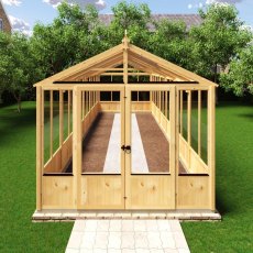 Shire Holkham 8x24 wooden greenhouse with glazing and garden plants