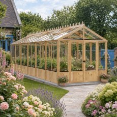 Shire Holkham 8x24 wooden greenhouse in a natural timber finish with doors closed