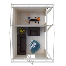 Top-down 3D layout view showing interior furniture and gym equipment placement inside the Shire Bourne 12x8 log cabin.