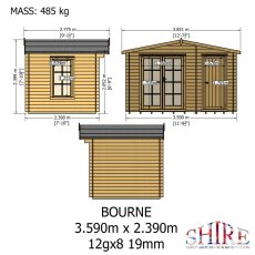 Technical schematic diagram showing external elevation dimensions of the Shire Bourne 12x8 log cabin.