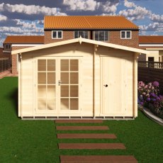 Straight-on front view of the Shire Bourne 12x8 log cabin with glazed doors closed.