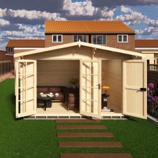 Front angle view of the Shire Bourne 12x8 log cabin with open French doors and side storage door.
