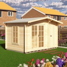 Side perspective shot of the Shire Bourne 12x8 log cabin on a green lawn.