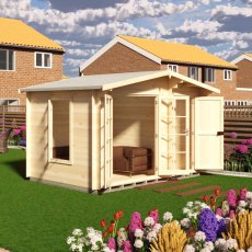 Shire Bourne 12x8 wooden log cabin with double glass doors set up in a residential garden setting.