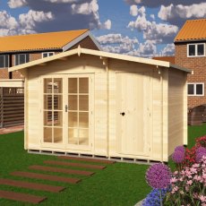 Exterior front view of the Shire Bourne 12x8 log cabin featuring double glass doors and an attached side shed entry.