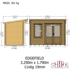 Dimension diagram showing front elevation and side profile height measurements for Shire Edgefield 11x6 log cabin