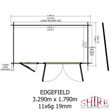 Floor plan blueprint showing base size of 3.290m x 1.790m (11ft x 6ft) for Shire Edgefield 19mm log cabin
