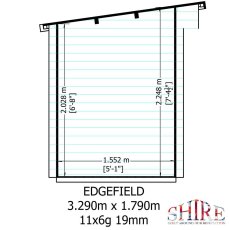 Technical schematic showing internal height and pent roof slope dimensions for Shire Edgefield 11x6 log cabin