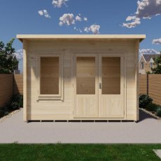 Front view 3D render of Shire Edgefield 11x6 pent log cabin with closed double doors