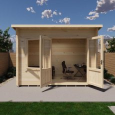 Front 3D render showing interior home office setup inside Shire Edgefield 11x6 log cabin with open doors