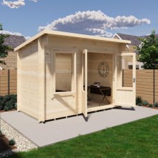 3D render side perspective showing open double doors of Shire Edgefield 11x6 log cabin