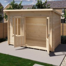 Close-up 3D render angle of open double doors on Shire Edgefield 11x6 pent log cabin