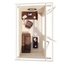 Top-down interior floor plan showing desk and seating layout inside Shire Edgefield 11x6 log cabin