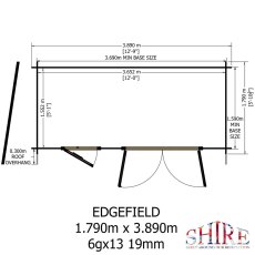Floor plan blueprint showing base size of 1.790m x 3.890m (6ft x 13ft) for Shire Edgefield 19mm log cabin