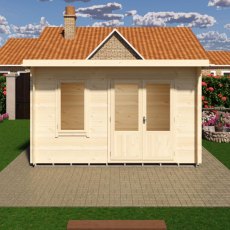 Front view 3D render of Shire Edgefield 13x6 pent log cabin with closed double doors