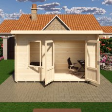 Front 3D render showing interior home office setup inside Shire Edgefield 13x6 log cabin with open doors