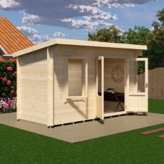 3D render side perspective showing open double doors of Shire Edgefield 13x6 log cabin