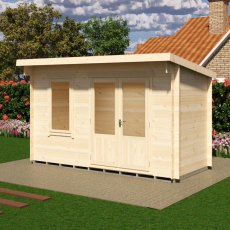 3D render side perspective of Shire Edgefield 13x6 pent roof log cabin with closed double doors