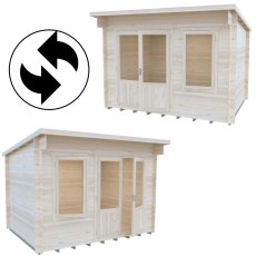 Reversible layout diagram showing left and right door-window placement options for Shire Edgefield 13x6 log cabin