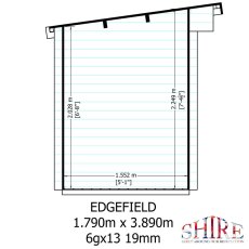 Technical schematic showing internal height and pent roof slope dimensions for Shire Edgefield 13x6 log cabin