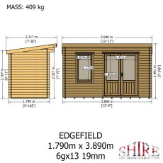 Dimension diagram showing front elevation and side profile height measurements for Shire Edgefield 13x6 log cabin
