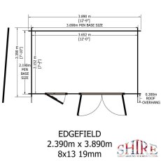 Floor plan blueprint showing base size of 2.390m x 3.890m (8ft x 13ft) for Shire Edgefield log cabin
