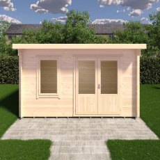 Front view 3D render of Shire Edgefield 13x8 pent log cabin with closed double doors
