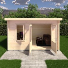 Front 3D render showing interior lounge furniture setup inside Shire Edgefield 13x8 log cabin with open doors
