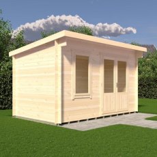 3D render side perspective of Shire Edgefield 13x8 pent roof log cabin with closed double doors