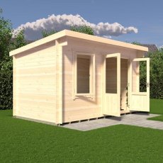 3D render side perspective showing open double doors of Shire Edgefield 13x8 log cabin