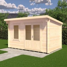 Angle 3D render of Shire Edgefield 13x8 log cabin set on a paved garden path