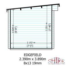 Technical schematic showing internal height and pent roof slope dimensions for Shire Edgefield 13x8 log cabin