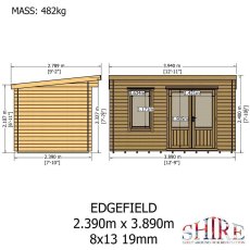 Dimension diagram showing front elevation and side profile height measurements for Shire Edgefield 13x8 log cabin