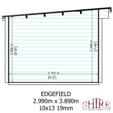 Technical schematic showing internal height and pent roof slope dimensions for Shire Edgefield 10x13 log cabin