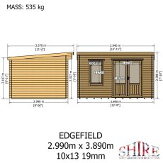 Dimension diagram showing front elevation and side profile height measurements for Shire Edgefield 10x13 log cabin