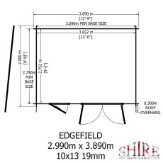 Floor plan blueprint showing base size of 2.990m x 3.890m (10ft x 13ft) for Shire Edgefield log cabin