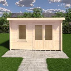 Front view 3D render of Shire Edgefield 10x13 pent log cabin with closed double doors