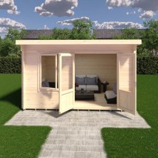 Front 3D render showing interior lounge furniture setup inside Shire Edgefield 10x13 log cabin with open doors