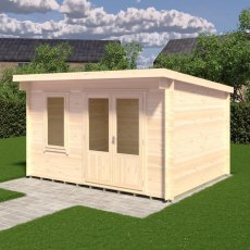 3D render side perspective of Shire Edgefield 10x13 timber log cabin with closed double doors