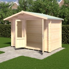 3D render side perspective of Shire Berryfield 11x6 timber log cabin with open front doors