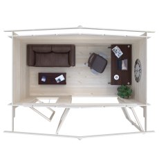 Top-down interior floor plan showing furniture layout inside 11x6 Shire Berryfield log cabin