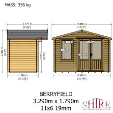 Dimension diagram showing side and front exterior height measurements for Shire Berryfield 11x6 log cabin