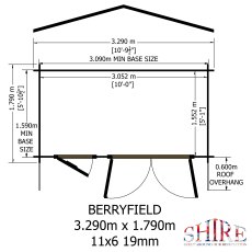 Detailed blueprint diagram with base size and roof overhang dimensions for Shire Berryfield 3.29m x 1.79m log cabin