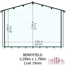 Technical line drawing showing internal height and width dimensions of Shire Berryfield 11x6 log cabin