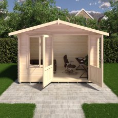 3D render front view showing interior home office setup inside Shire Berryfield 11x6 log cabin