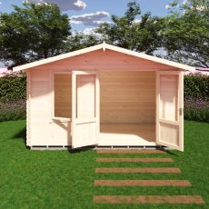 Front 3D render showing open double doors of Shire Berryfield 13x8 log cabin