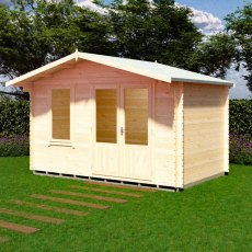 3D render angle showing side wall and closed double doors of Shire Berryfield 13x8 log cabin